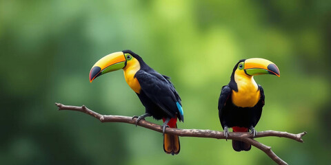 Obraz premium two toucans perched on a twisted branch against a blurred green background 