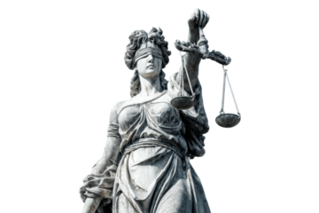 Blindfolded statue of lady justice holding scales symbolizing law and fairness, cut out