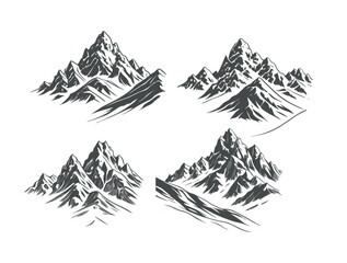 Obraz premium Majestic Mountain Range Silhouetted Against a Vibrant Blue Sky, set of four black and white mountain illustrations exudes a sense of rugged grandeur and timeless beauty. nature print, travel, adventu