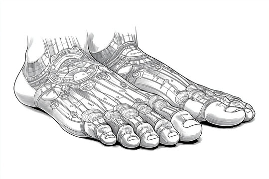 13h Line art illustration of a reflexology chart showing pressure points on the soles of the feet, annotated in a clinical style