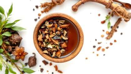 Warm bowl of herbal tea blend with a spoon for a relaxing and soothing experience