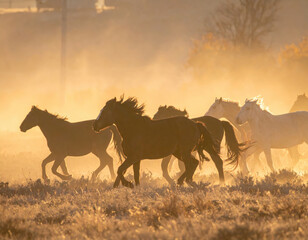 Majestic Horses Galloping Through Dusty Field at Sunrise