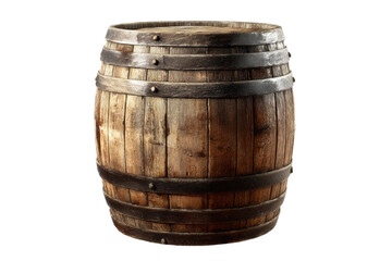 Fototapeta premium Rustic wooden barrel with metal bands on black background, cut out