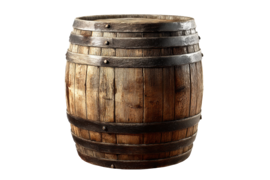 Rustic wooden barrel with metal bands on black background, cut out