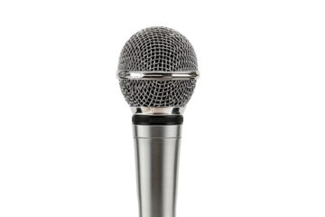 Close-up of silver microphone with metal mesh head on black background, cut out