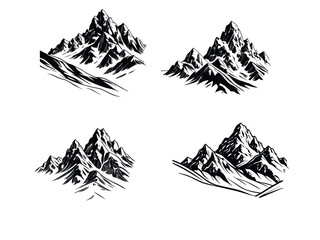 Fototapeta premium Majestic Mountain Range Silhouetted Against a Vibrant Blue Sky, set of four black and white mountain illustrations exudes a sense of rugged grandeur and timeless beauty. nature print, travel, adventu