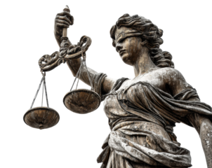 Blindfolded lady justice statue holding scales of justice against black background, cut out