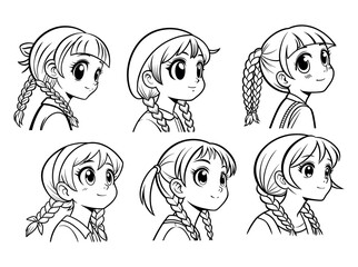 Anime Girl Character Designs with Braids - Various Angles, Girl Character Design Variations with Braids, Collection of six different profile views of a cute anime girl, anime girl, anime, girl, 