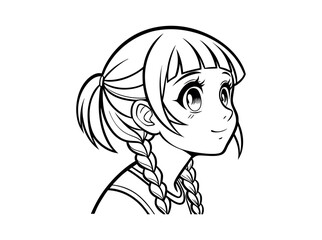 Cute anime girl with pigtails looking upwards in a black and white illustration, A captivating, black-and-white line drawing of a young anime girl. anime girl, anime character, cartoon girl, pigtails,