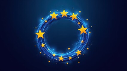 Fototapeta premium Abstract Circular Design with Golden Stars European Union Concept Blue Background Festive