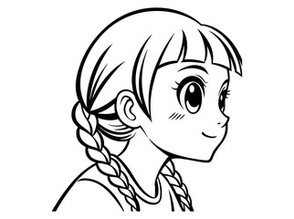 Cute anime girl with pigtails looking upwards in a black and white illustration, A captivating, black-and-white line drawing of a young anime girl. anime girl, anime character, cartoon girl, pigtails,
