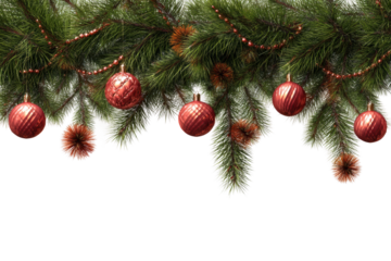 Festive pine and red ornament garland celebration background, cut out