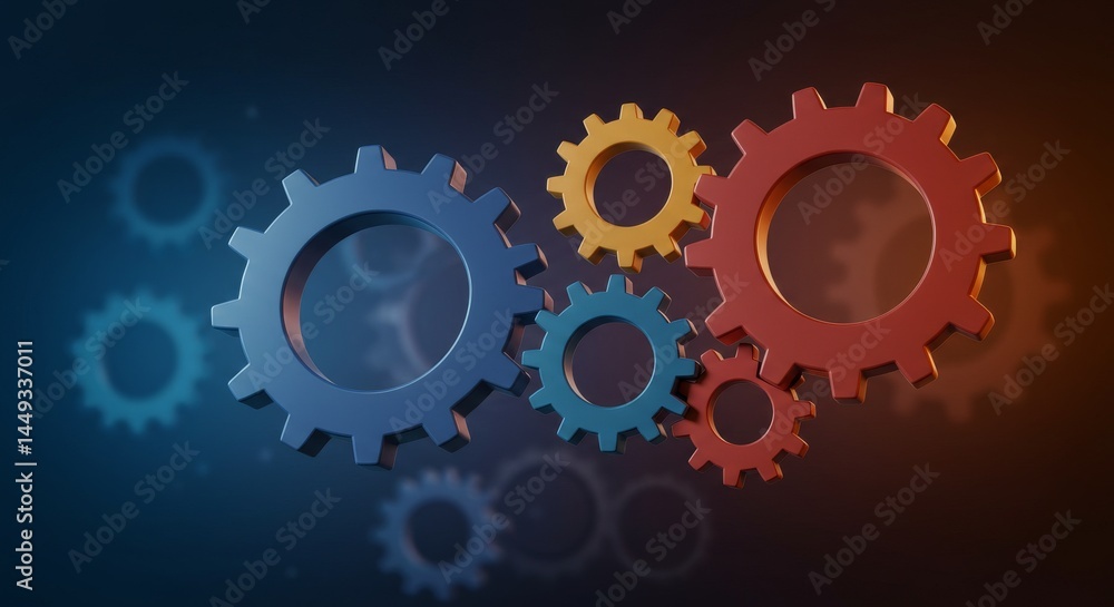 Poster interlocking gears mechanism - colorful 3d of interlocking gears, symbolizing teamwork, collaboratio