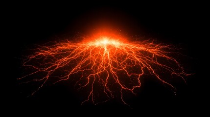 Fiery orange lava flow spreading across dark background volcanic eruption energy