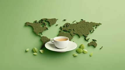 Global Coffee and Tea Concept on Green Background with tea day  Concept
