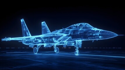 A digital wireframe hologram of a fighter jet on a dark tarmac, glowing blue with detailed lines, showcasing modern aerospace design