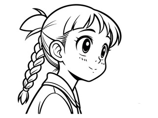 Cute Anime Girl with Braids Looking Up, A black and white line art illustration of an anime girl. anime girl, cartoon girl, Asian girl, Chinese girl, pigtails, traditional Chinese clothing, qipao, cut