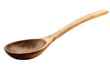 Rustic wooden spoon with curved handle on black background, cut out