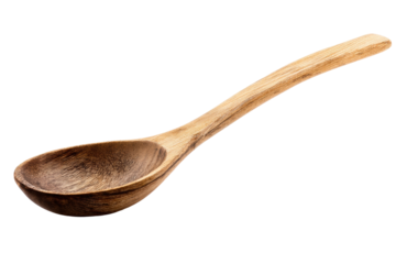 Rustic wooden spoon with curved handle on black background, cut out
