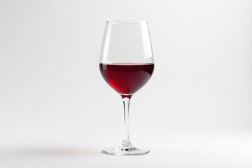 Single red wine glass, half full, on white backdrop Minimalist style , alcohol, elegant