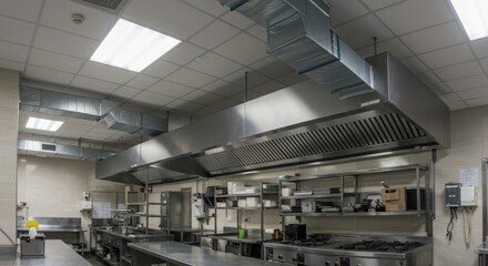 Kitchen Ventilation System - Efficient kitchen exhaust system featuring filters, ventilation ducts, and ceiling installation for superior air quality and safety. Cleanliness, efficiency, safety