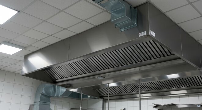 Kitchen Exhaust Hood System Installation - Efficient ventilation, superior filtration, stainless steel construction, ceiling mounted, restaurant kitchen