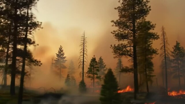 Flames engulf trees as thick smoke billows into the sky during a wildfire in a remote forested region. The sun sets, casting an eerie glow over the devastation, heightening the urgency.