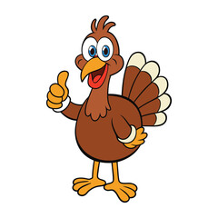A cheerful cartoon turkey giving a big thumbs up, with a wide smile, bright feathers, and a fun, friendly pose—perfect for festive and playful Thanksgiving themes.
