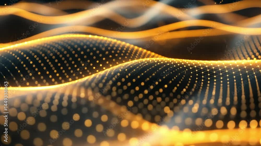 Poster mesmerizing abstract waves golden dots create depth and movement in digital landscape of light and s