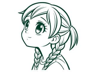 Cute Anime Girl with Pigtails Looking, A captivating, black-and-white line drawing of a young anime girl, cartoon girl, illustration, line art, black and white, drawing, pigtails, braids, child, kid, 