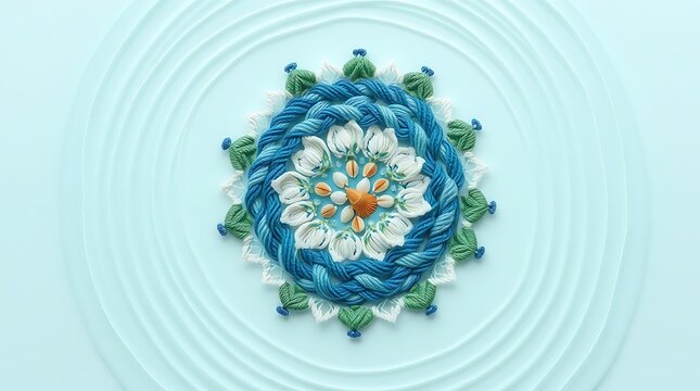 A decorative mandala art piece featuring yarn shells and beads on a light blue rippled surface - Powered by Adobe