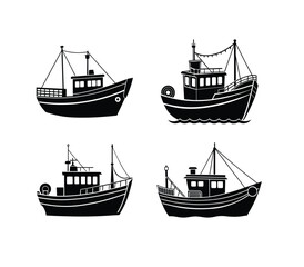 A set of featuring Silhouette fishing boats and ships on white background
