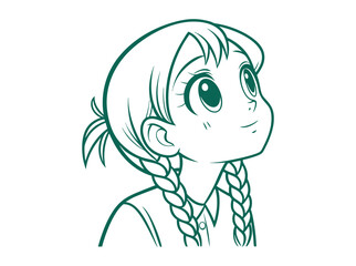 Cute Anime Girl with Pigtails Looking, A captivating, black-and-white line drawing of a young anime girl, cartoon girl, illustration, line art, black and white, drawing, pigtails, braids, child, kid, 