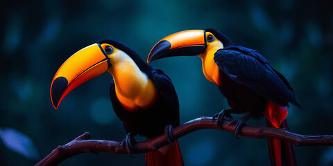 Naklejka premium two toucans perched on a twisted branch against a blurred green background 
