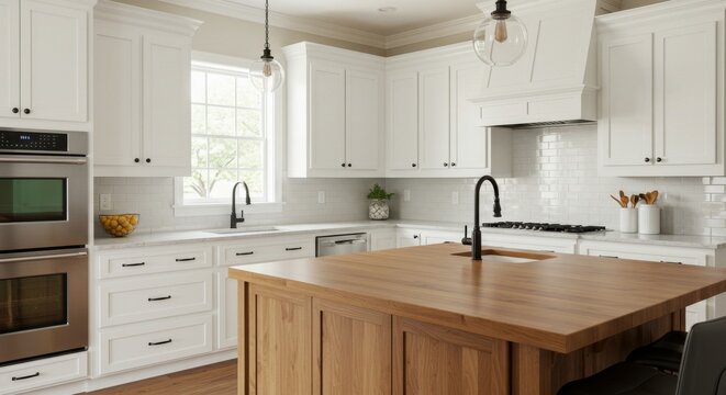 Modern Kitchen Design Showcase: White Shaker Cabinets and Warm Wood Island - Elegant kitchen featuring white shaker cabinets, sleek black hardware, a butcher block island