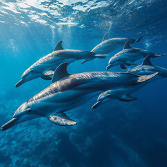 Naklejka premium A pod of dolphins swimming gracefully through the clear blue ocean