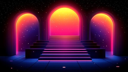 Neon arches leading into a bright space