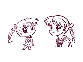Anime Girl Character Designs with Braids - Various Angles, Girl Character Design Variations with Braids, Collection of six different profile views of a cute anime girl, anime girl, anime, girl, 