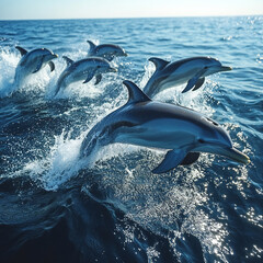 Naklejka premium A pod of playful dolphins jumping and diving in the open ocean