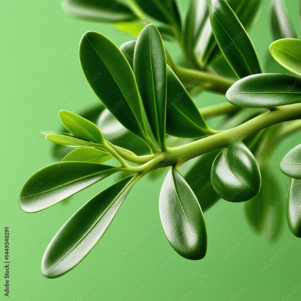 Poster a vibrant green plant with a unique branching stem, showcasing intricate patterns similar to a finge