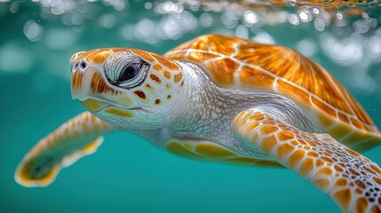 Fototapeta premium Close-up view of a sea turtle swimming underwater.