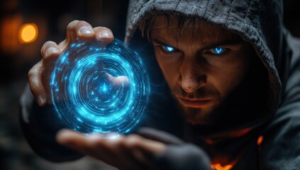 Mysterious figure conjures glowing energy sphere