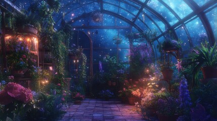 Obraz premium Enchanted greenhouse at night, filled with vibrant flowers and plants.
