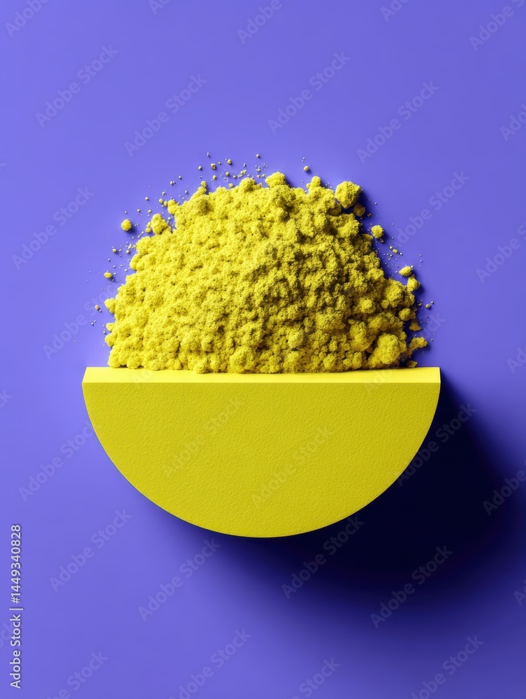 Poster a bright yellow half-moon with intricate texture set against a deep purple background, creating a st