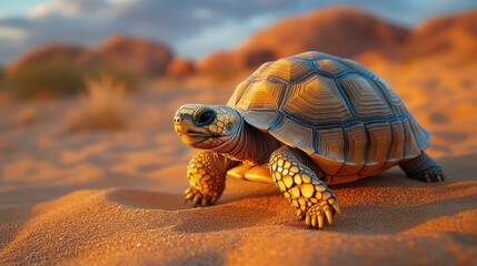 Desert tortoise slowly walking in golden sunlight.