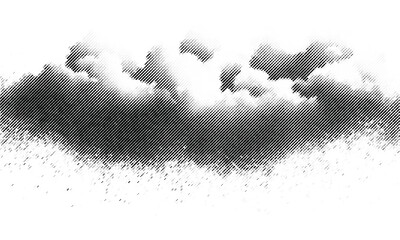 Halftone rain cloud with dotted black-and-white background, comic-style design element featuring monochrome stippled texture, grunge abstract vector illustration.