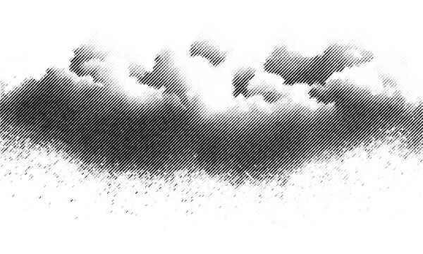 Halftone rain cloud with dotted black-and-white background, comic-style design element featuring monochrome stippled texture, grunge abstract vector illustration.