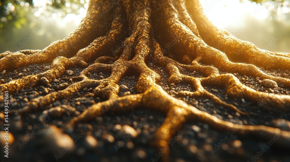 Poster close-up view of intricate tree roots in sunlight.