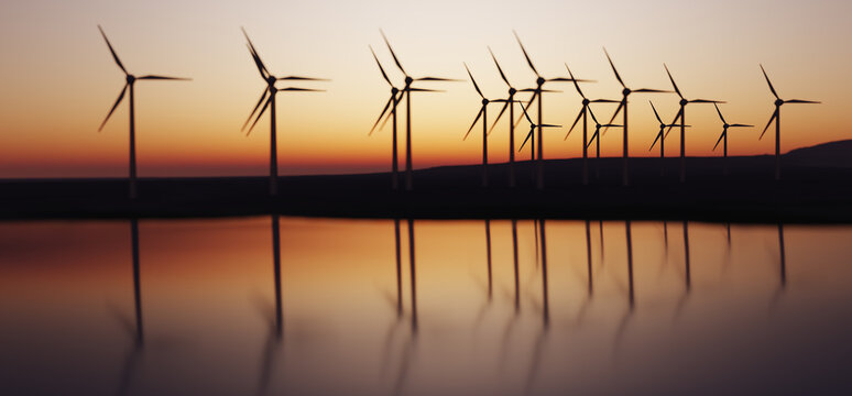 Wind farm and landscape in the sunset
