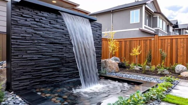 Outdoor water feature with dark stone wall and cascading waterfall.  Landscaped backyard with garden, rocks, and water basin